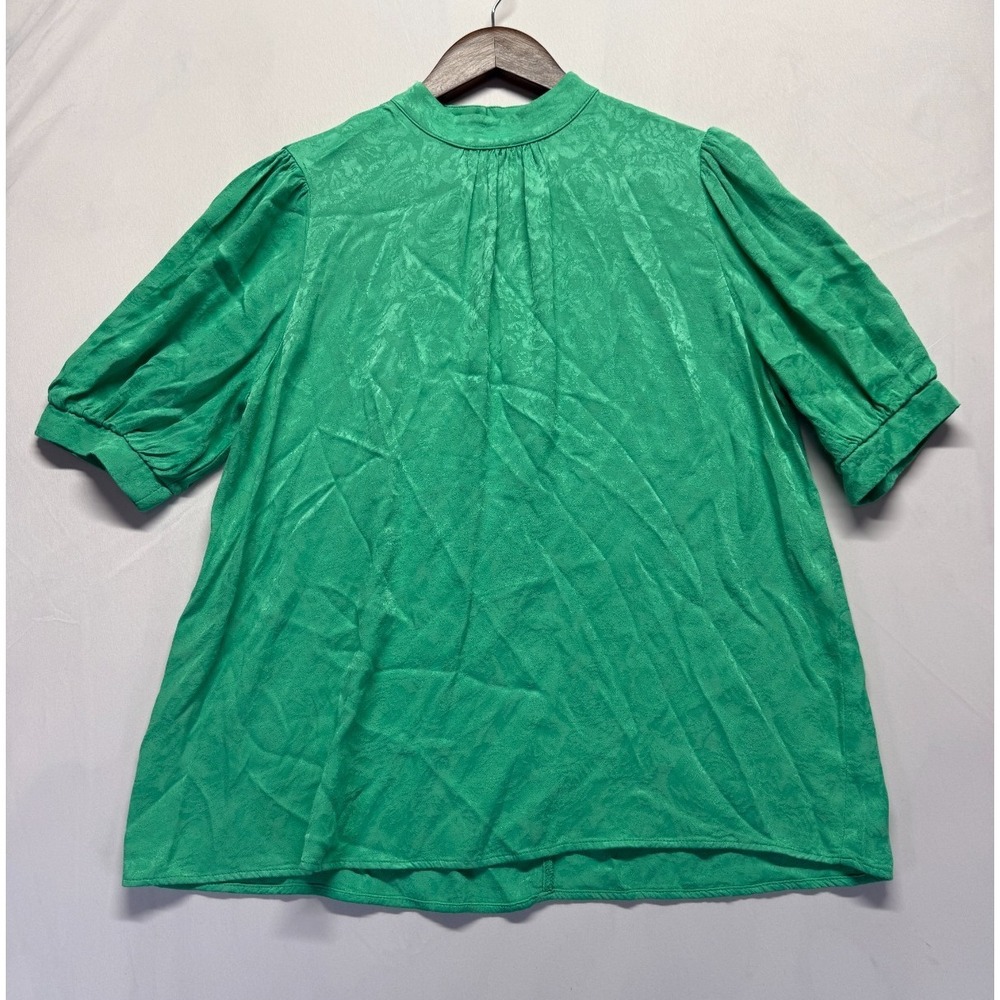 Zara Blouse Top Womens Medium Green Jacquard Puff Sleeve Pleated Keyhole Back